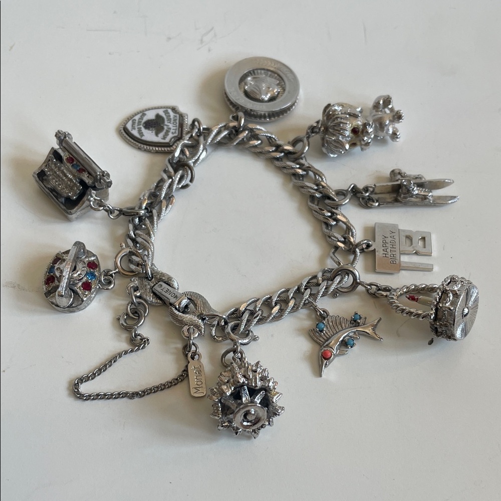 Vintage Monet Silver Tone Charm Bracelet Ten Assorted Silver & Sterling Charms